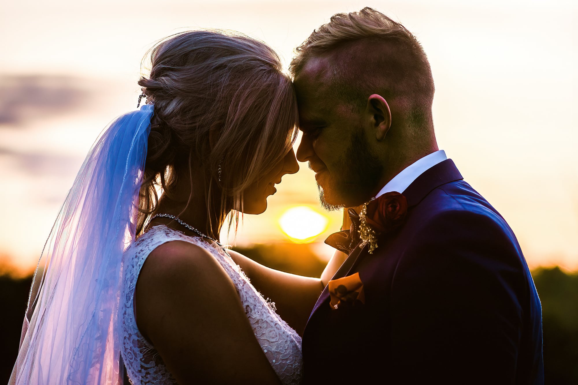 Sunset portrait at Cambridge Wedding at The Thatch Barn